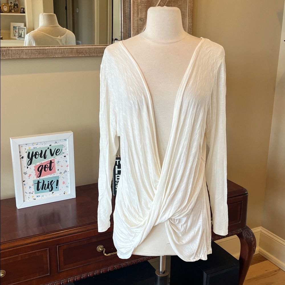 Emma & Sam Cream Wrap Plunge Neck Front Top Long Sleeve Womens S M L